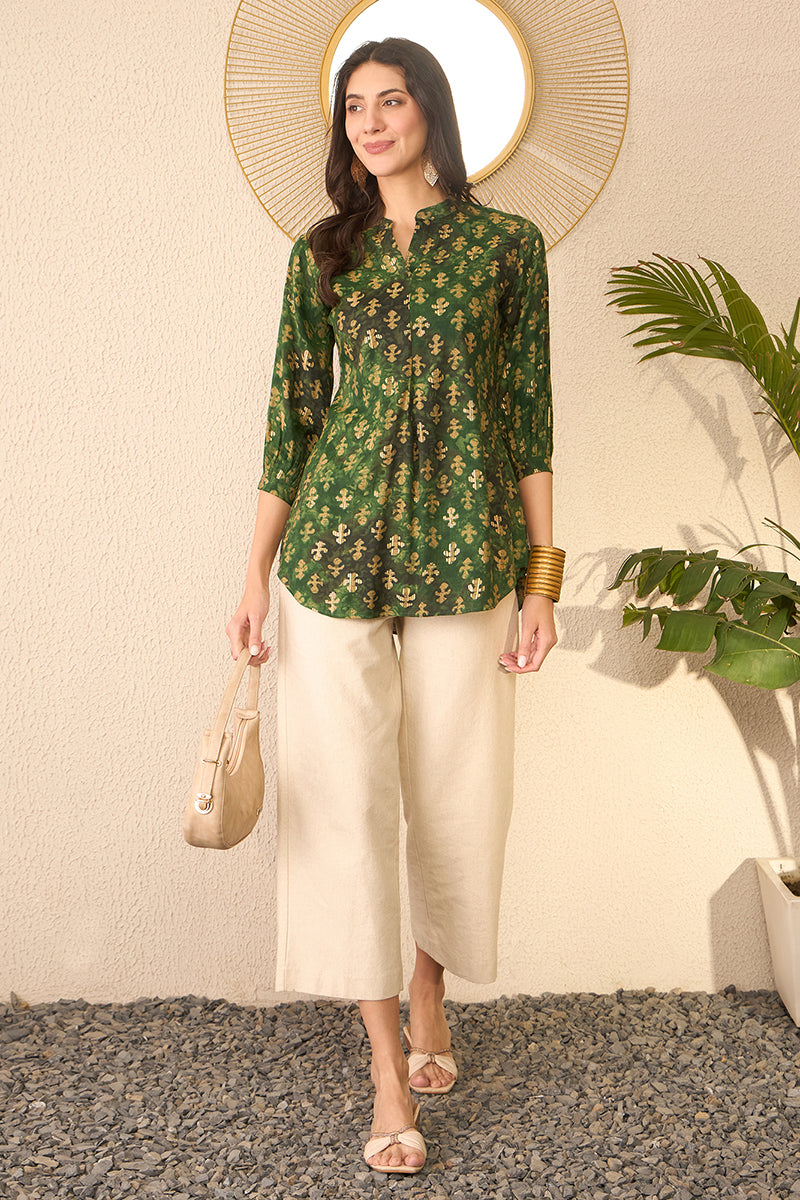 green cotton blend ethnic motifs printed regular top