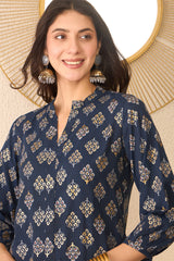 navy blue cotton blend floral printed regular top