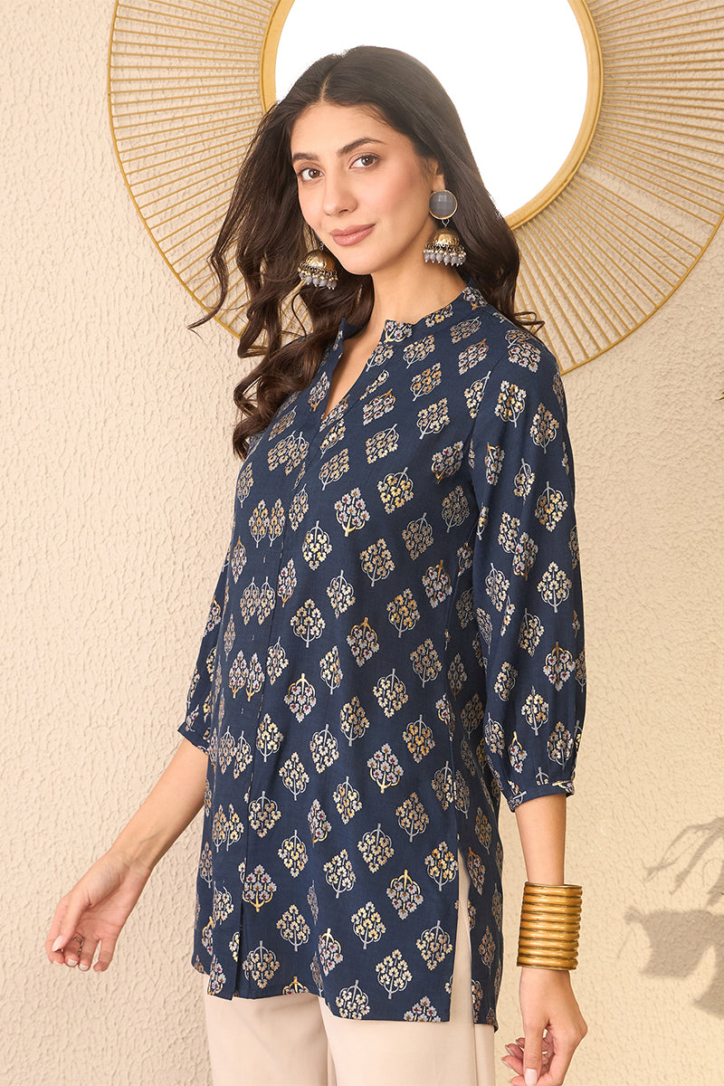 navy blue cotton blend floral printed regular top