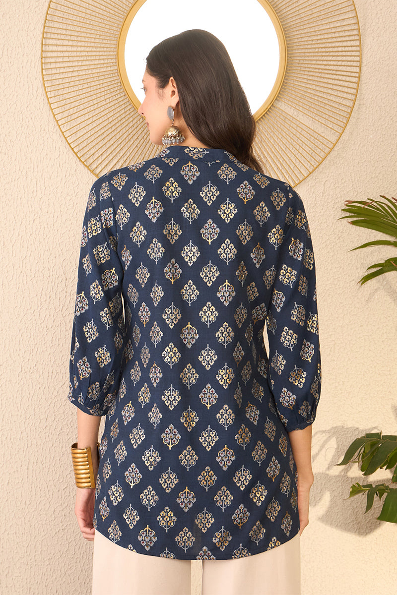 navy blue cotton blend floral printed regular top