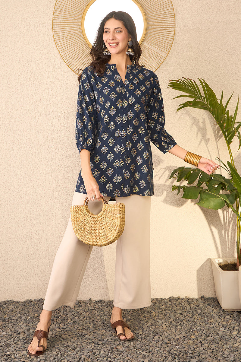 navy blue cotton blend floral printed regular top