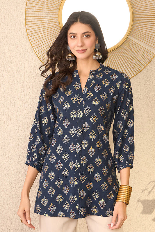 navy blue cotton blend floral printed regular top