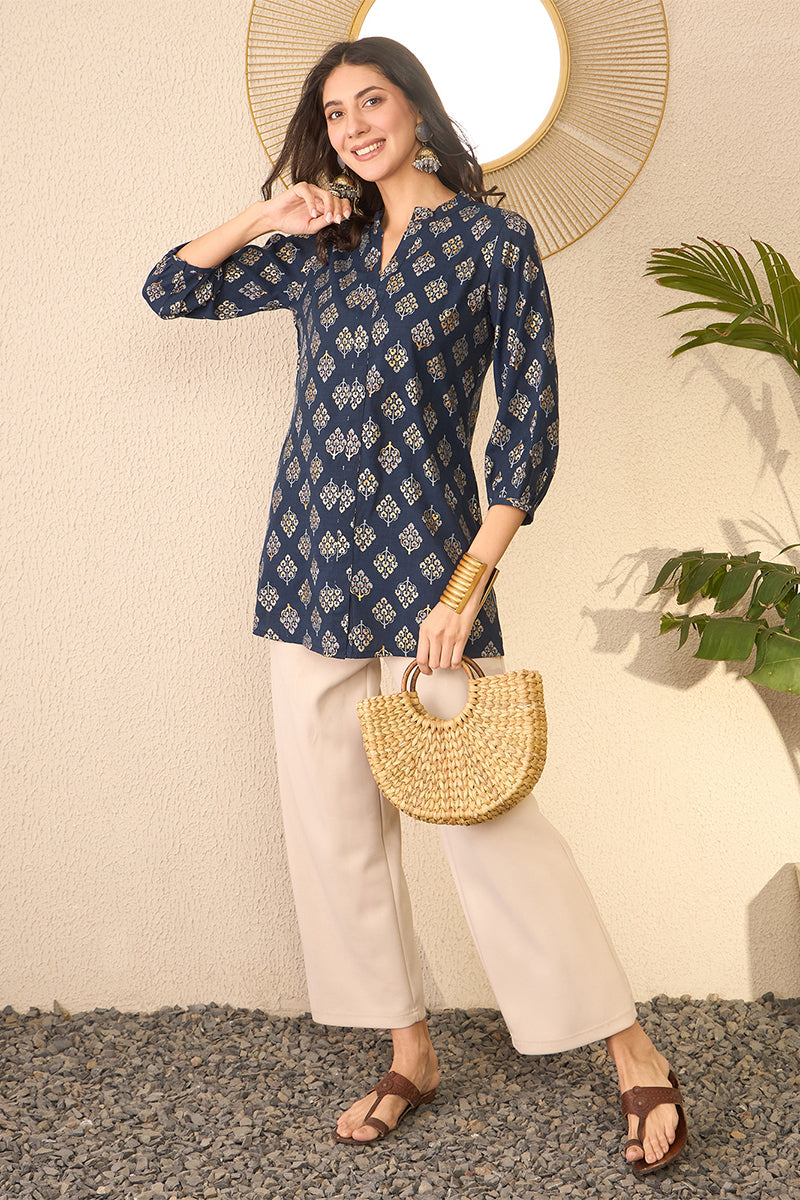 navy blue cotton blend floral printed regular top