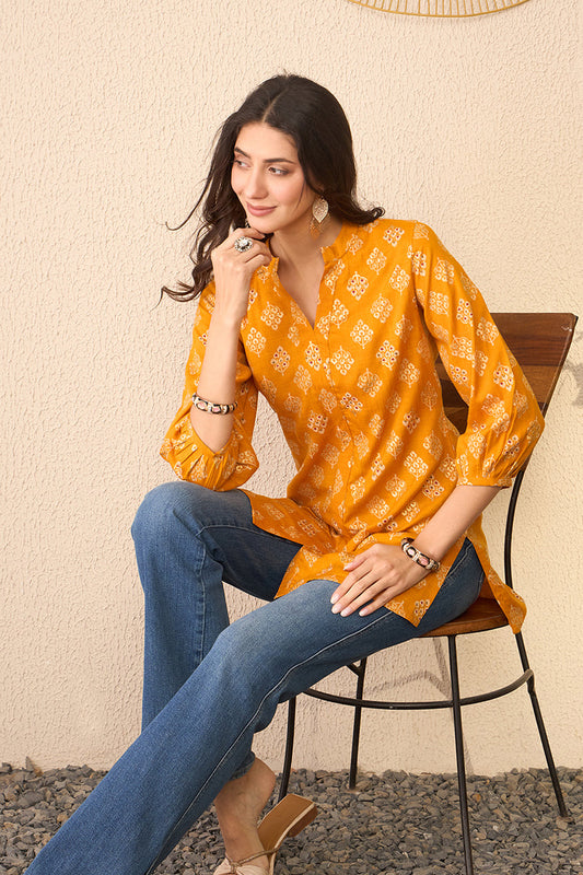 yellow cotton blend floral printed regular top 