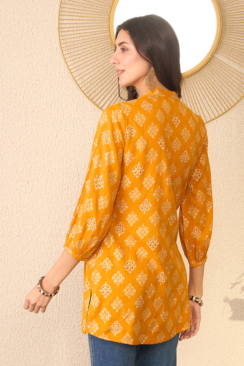 yellow cotton blend floral printed regular top 
