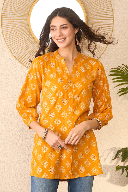 yellow cotton blend floral printed regular top 