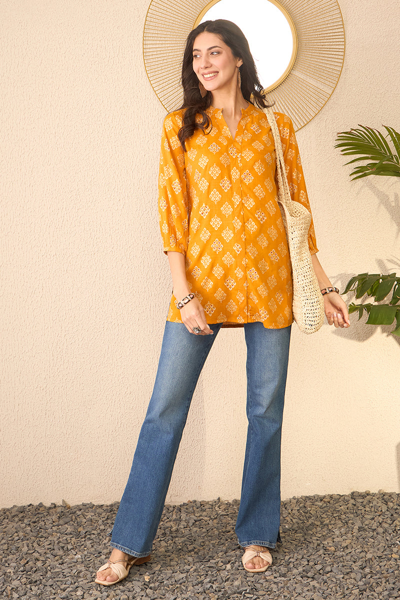 yellow cotton blend floral printed regular top 