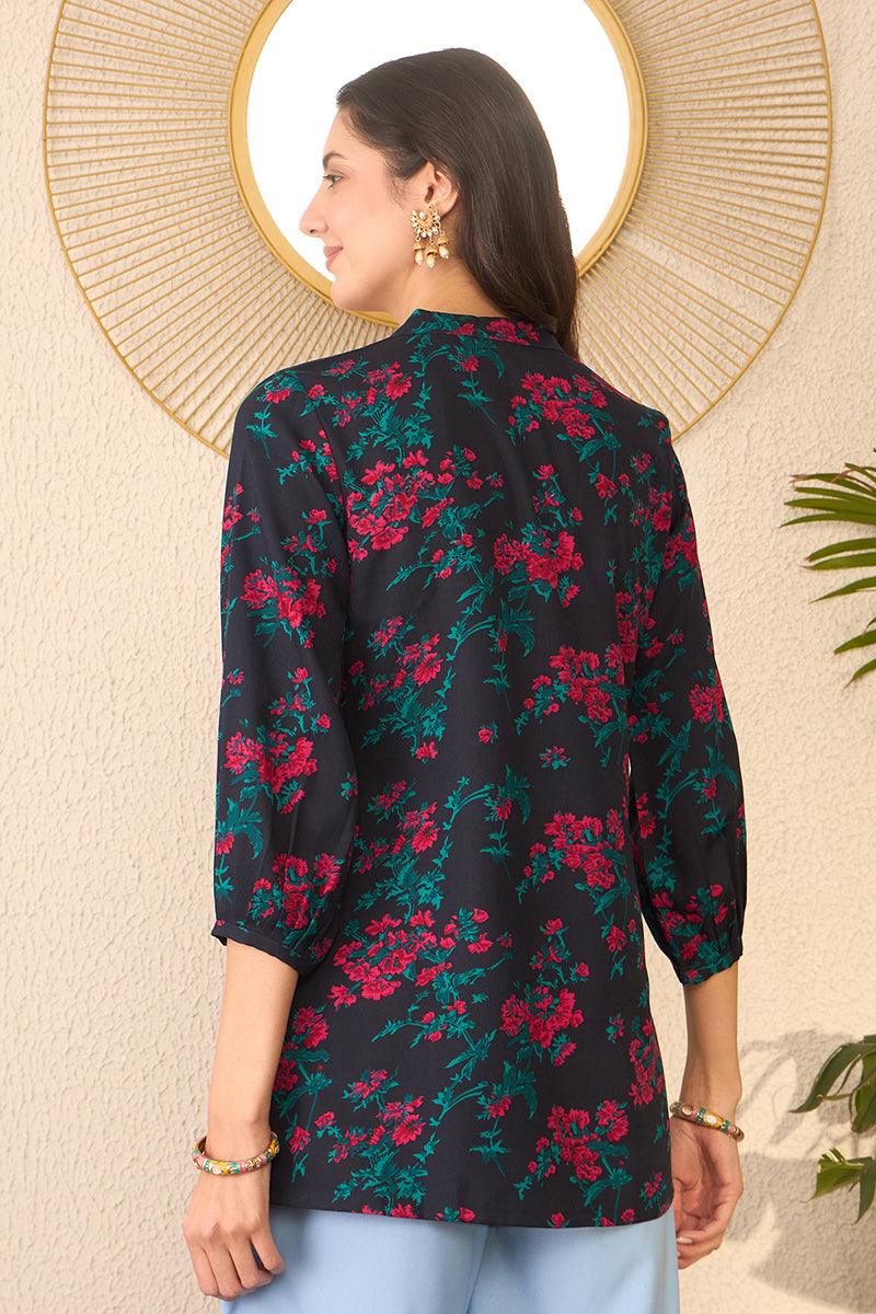 Navy Blue Cotton Blend Floral Printed Regular Top