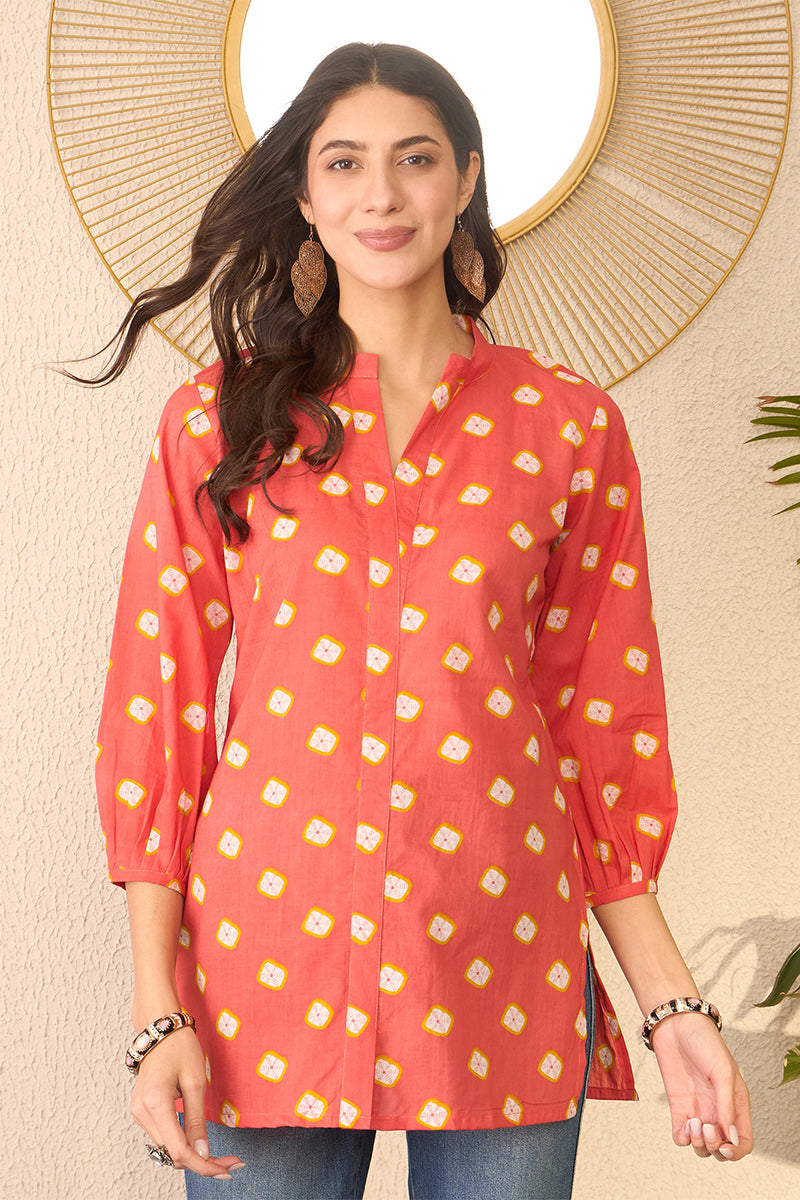orange cotton blend shibori printed regular top 
