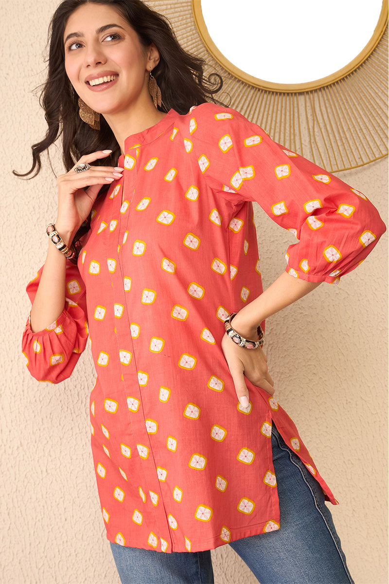 orange cotton blend shibori printed regular top 