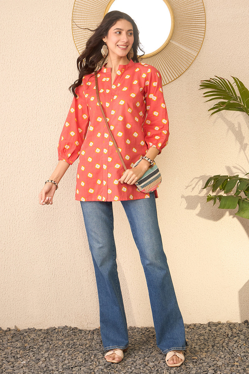 orange cotton blend shibori printed regular top 