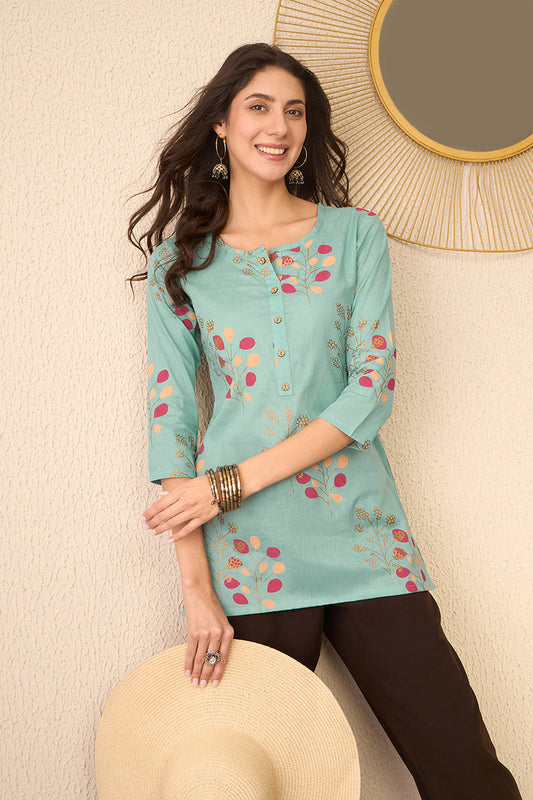 blue cotton blend floral printed regular top 