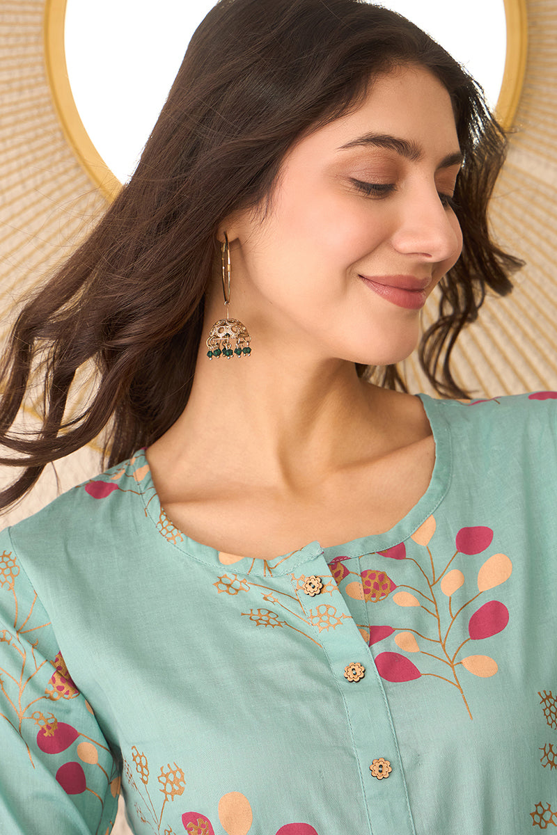 blue cotton blend floral printed regular top 