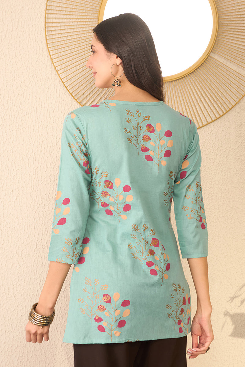 blue cotton blend floral printed regular top 