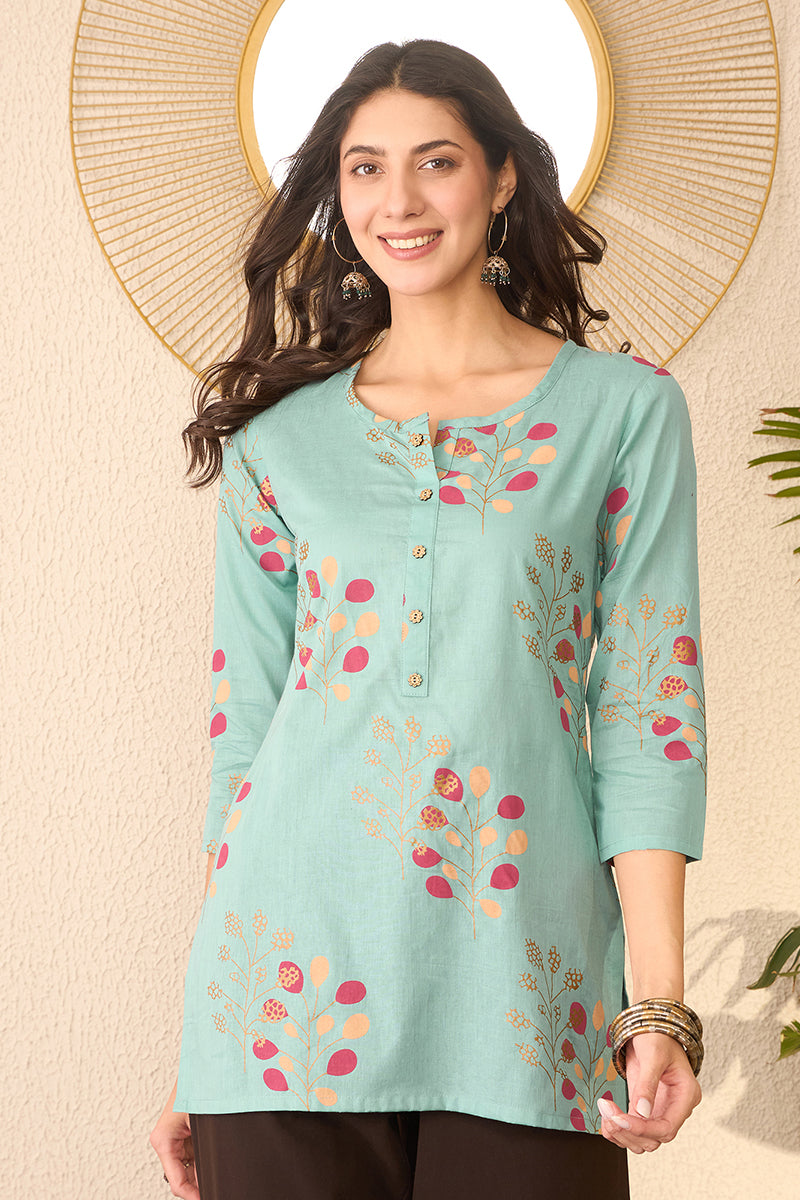 blue cotton blend floral printed regular top 