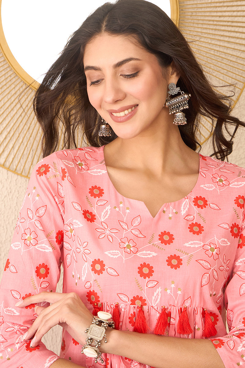 pink cotton blend floral printed regular peplum top 
