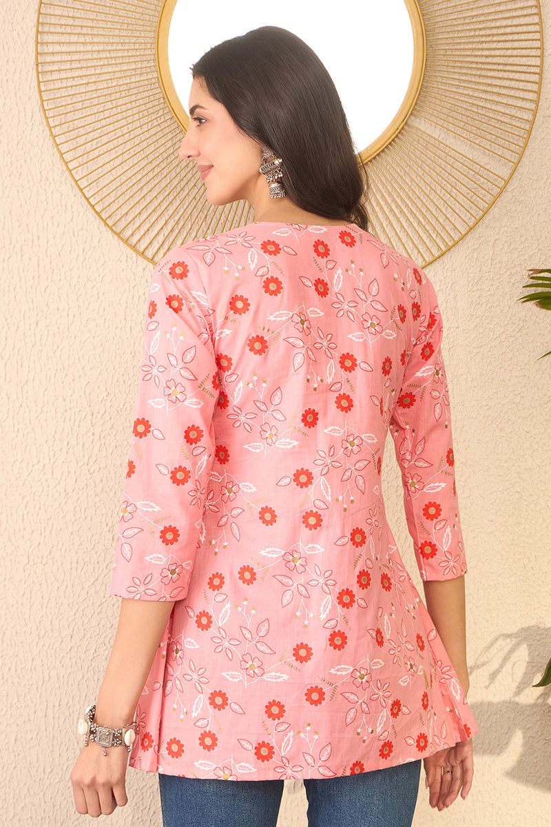 pink cotton blend floral printed regular peplum top 
