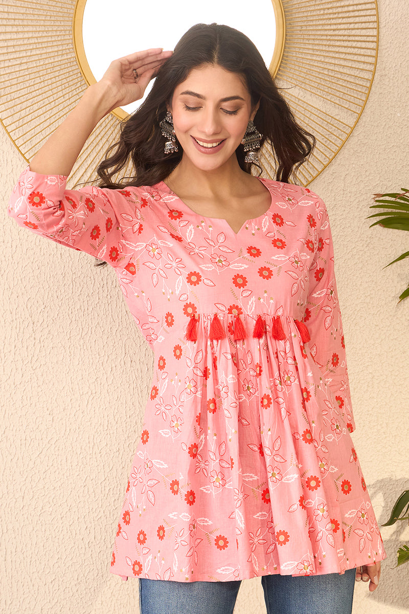 pink cotton blend floral printed regular peplum top 