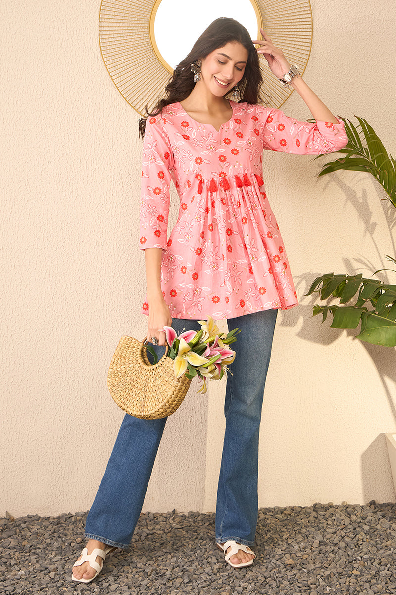 pink cotton blend floral printed regular peplum top 