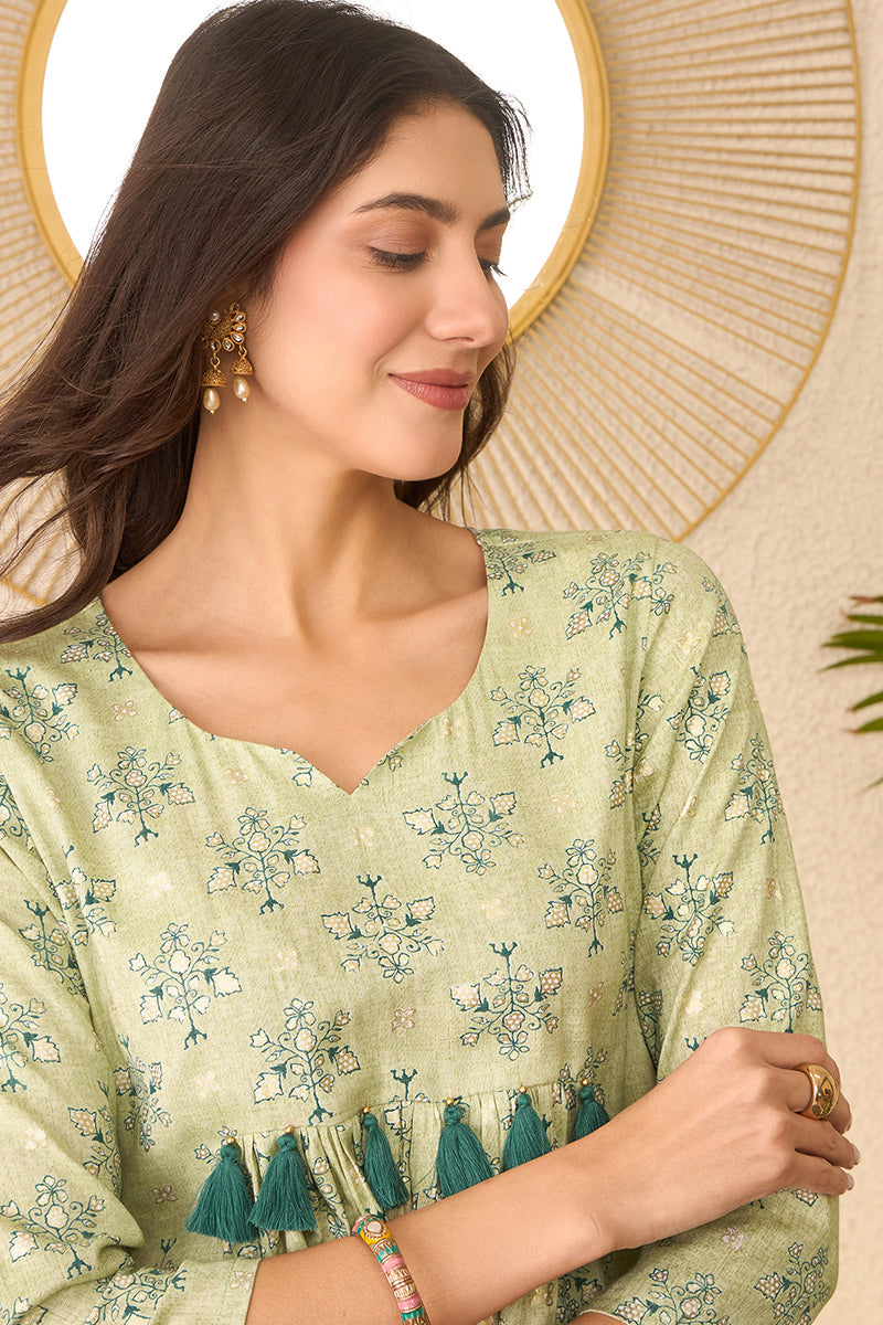 green rayon blend floral printed regular peplum top 