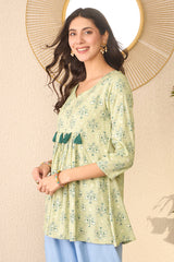 green rayon blend floral printed regular peplum top 