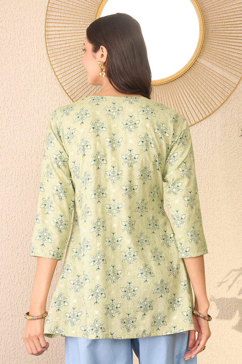 green rayon blend floral printed regular peplum top 