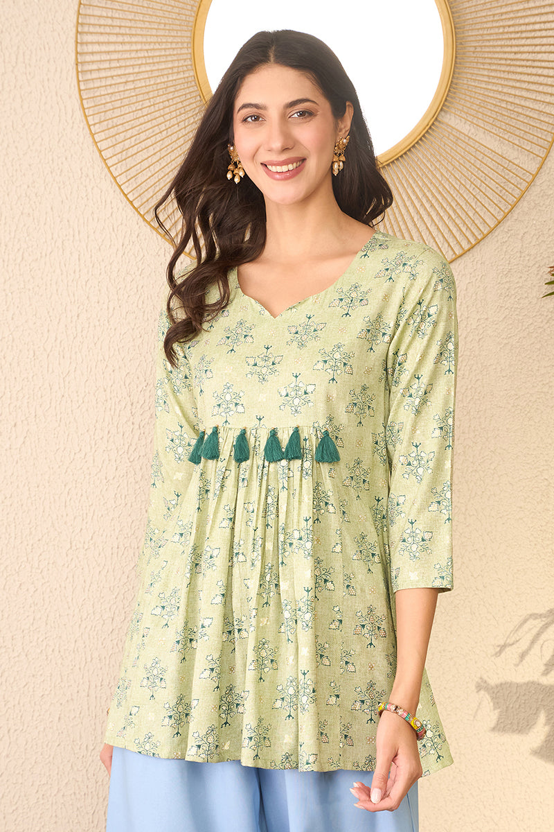 green rayon blend floral printed regular peplum top 
