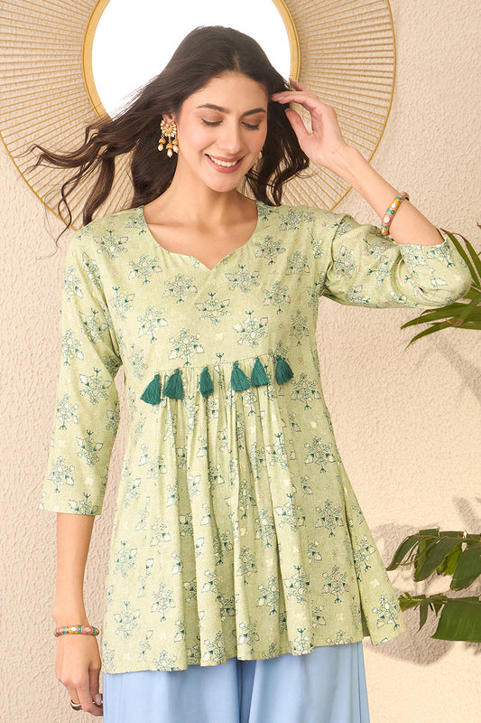 green rayon blend floral printed regular peplum top 