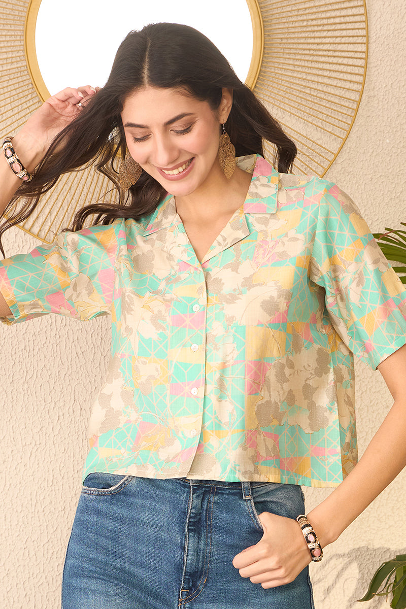 multi cotton blend abstract printed crop shirt style top 