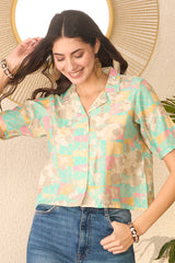 multi cotton blend abstract printed crop shirt style top 