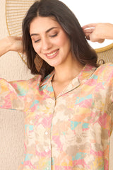 multi cotton blend abstract printed crop shirt style top 