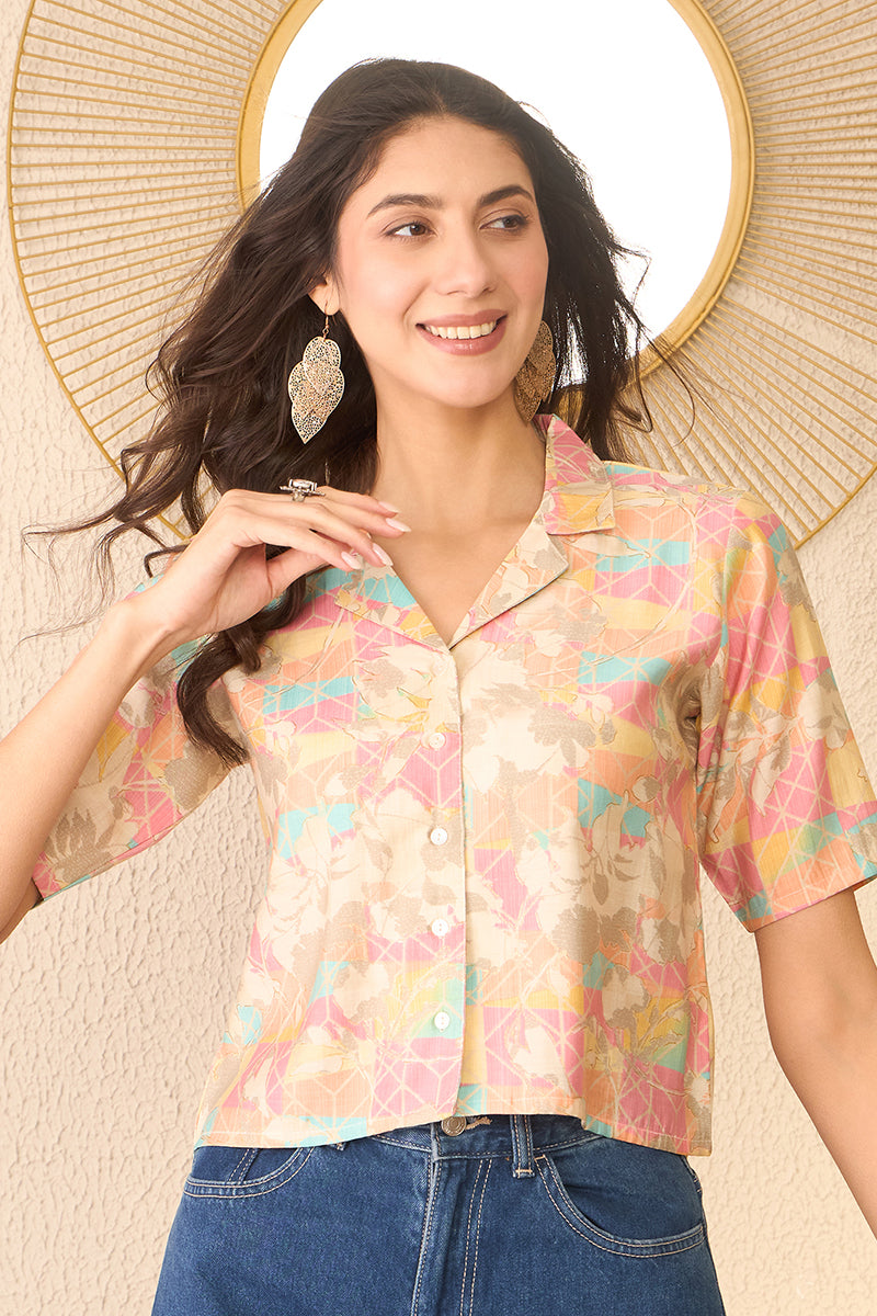 multi cotton blend abstract printed crop shirt style top 