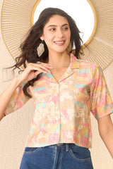 multi cotton blend abstract printed crop shirt style top 