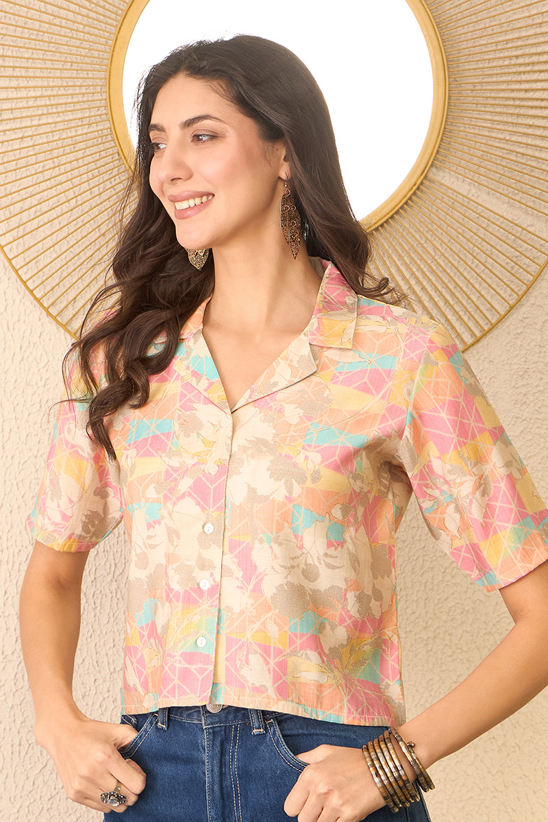 multi cotton blend abstract printed crop shirt style top 