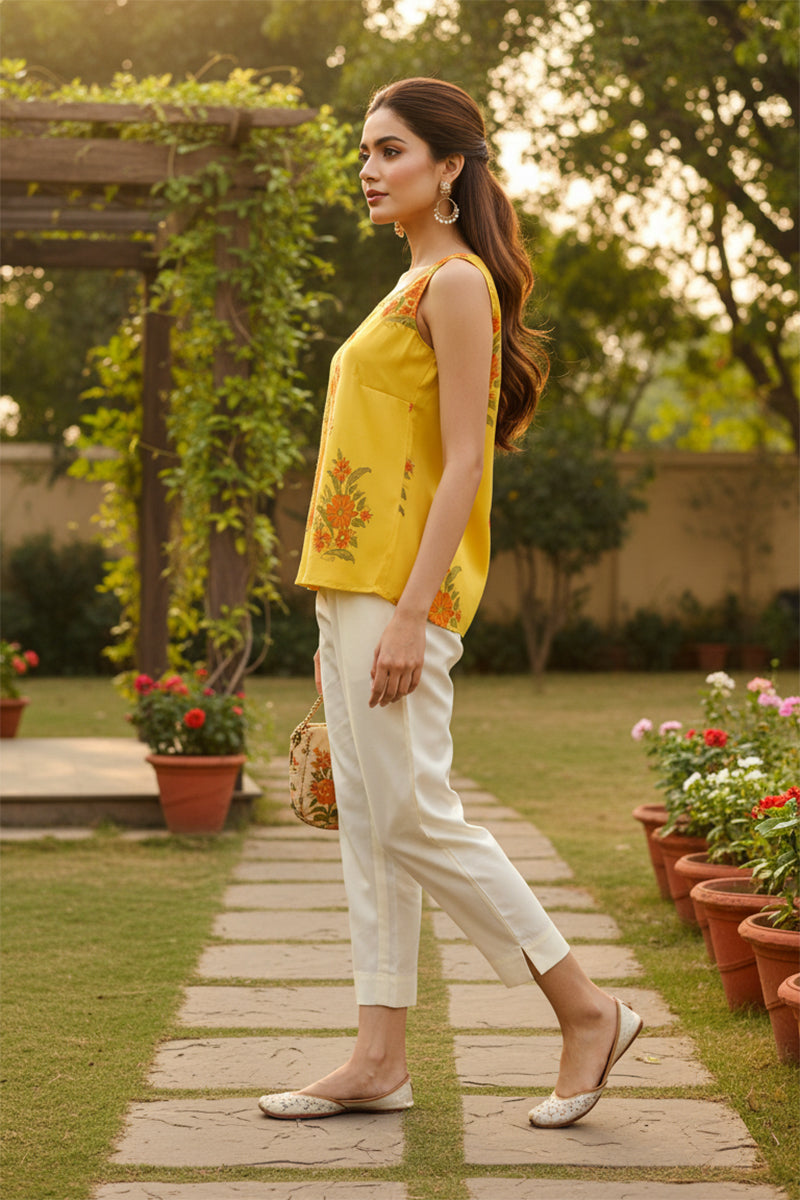 Yellow Viscose Rayon Floral Printed Boat Neck Regular Top