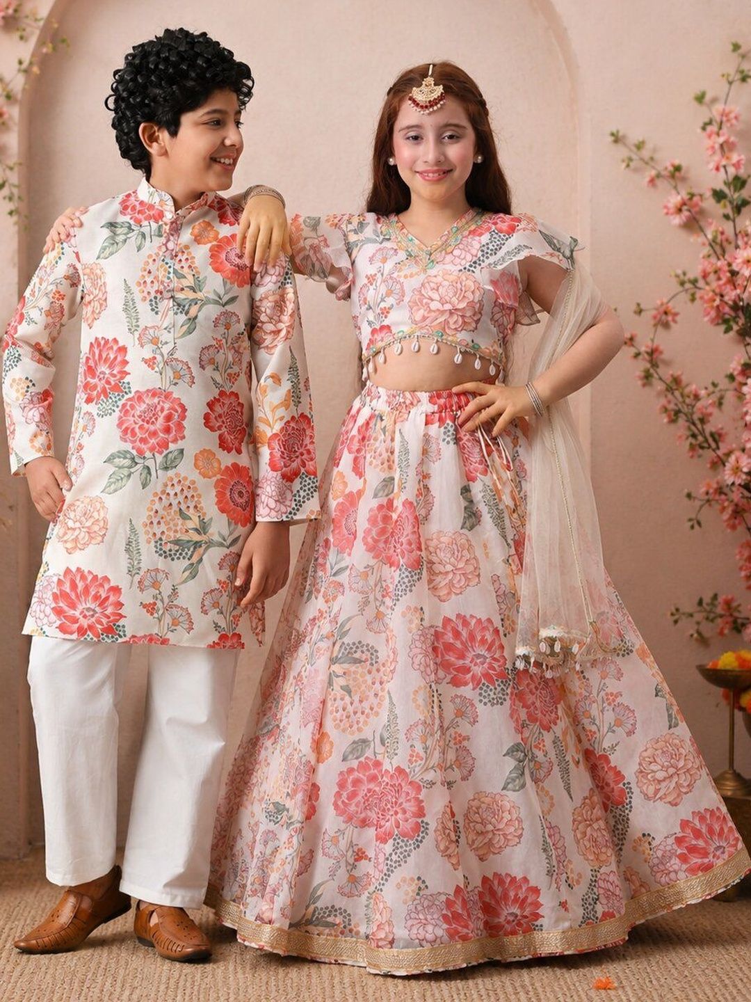 Indi Loom Couture Boys Cream Floral Printed Ethnic Kurta with Pajama Set ILBKS29