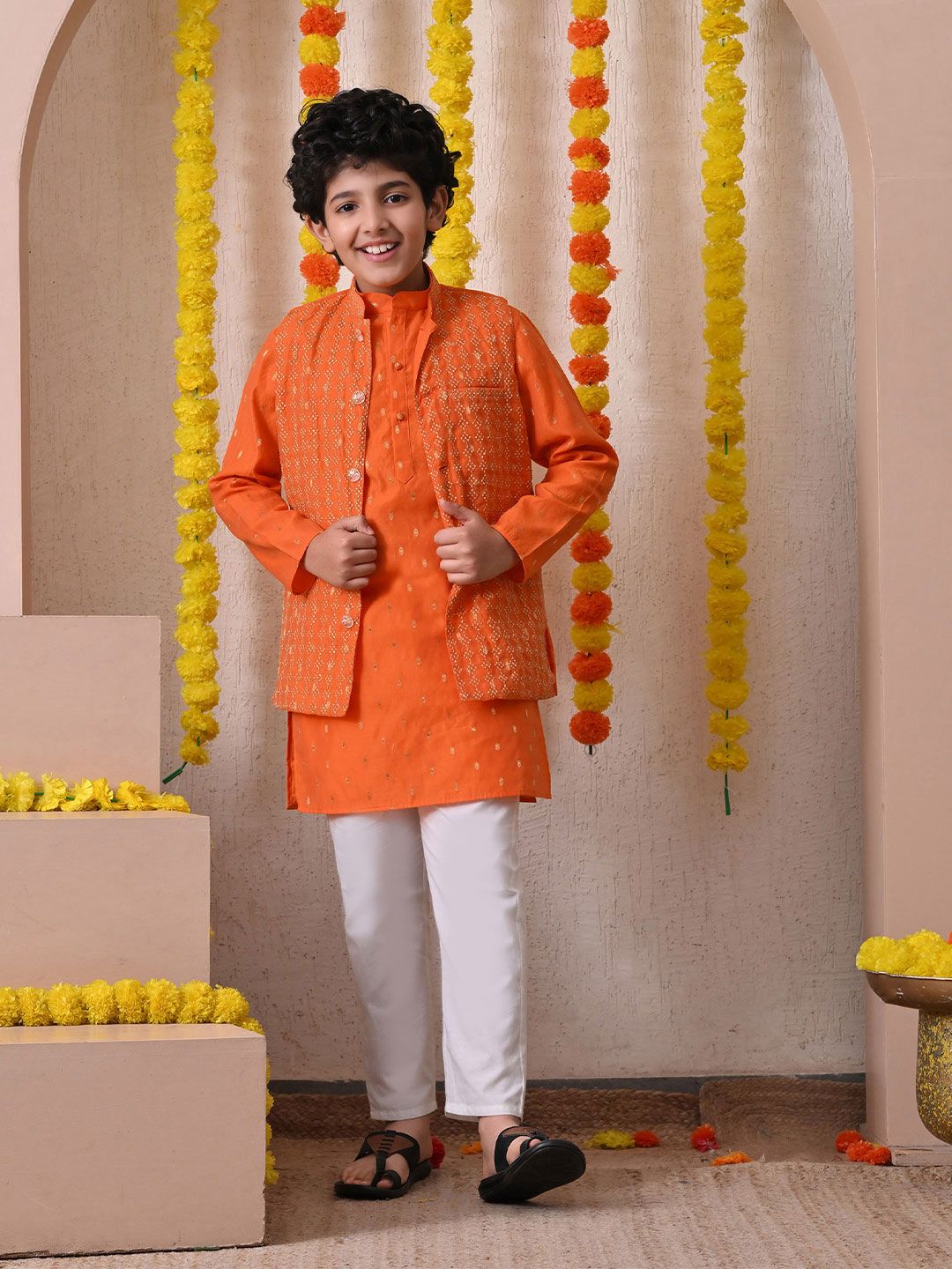 Indi Loom Couture Boys Orange Kurta with Embroidered Jacket & Pyjama Set ILBKSJ03
