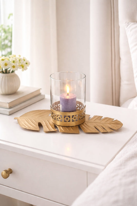 golden leaf tealight candle holder with glass bowl metal decorative table centerpiece for living room diwali decoration home decor gift item copy