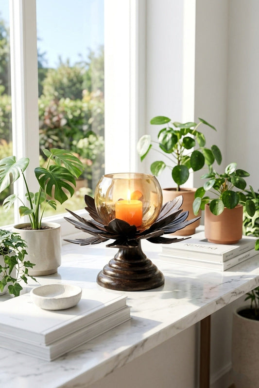 lotus metal tealight candle holder with glass bowl golden decorative candle stand for living room table centerpiece diwali home decor gift copy
