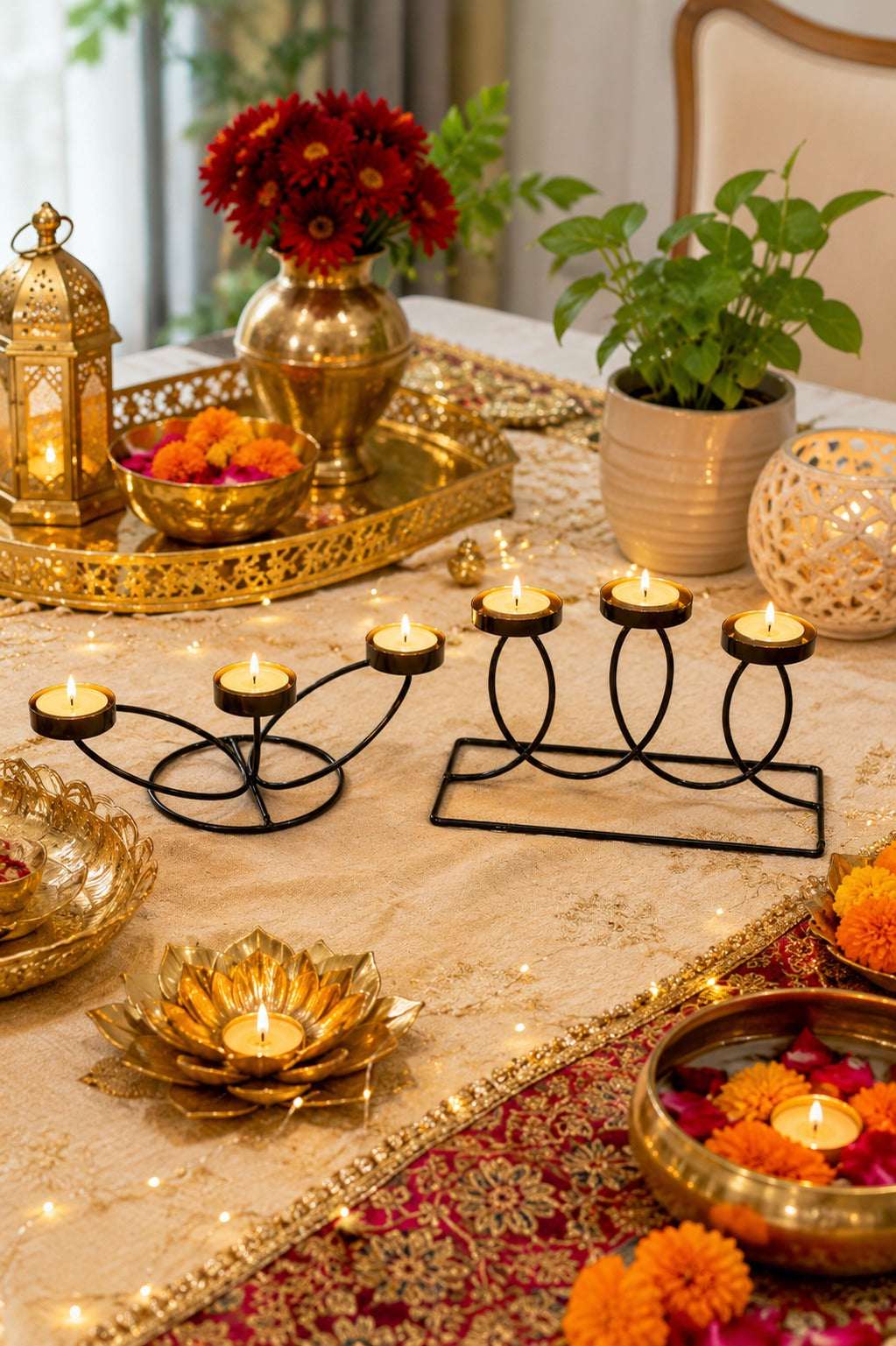 set of 2 modern metal tea light candle holder set 3 cup floral candle stand 3 cup curved loop candle holder decorative table centerpiece for living room dining table home decor festive gifting