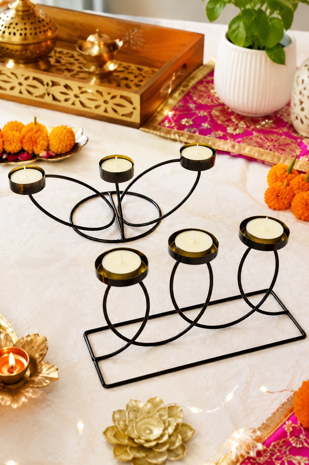 set of 2 modern metal tea light candle holder set 3 cup floral candle stand 3 cup curved loop candle holder decorative table centerpiece for living room dining table home decor festive gifting