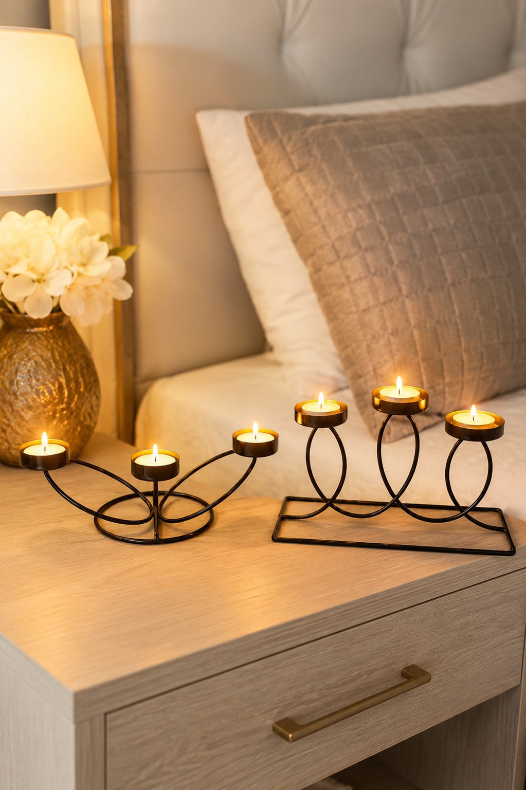 set of 2 modern metal tea light candle holder set 3 cup floral candle stand 3 cup curved loop candle holder decorative table centerpiece for living room dining table home decor festive gifting