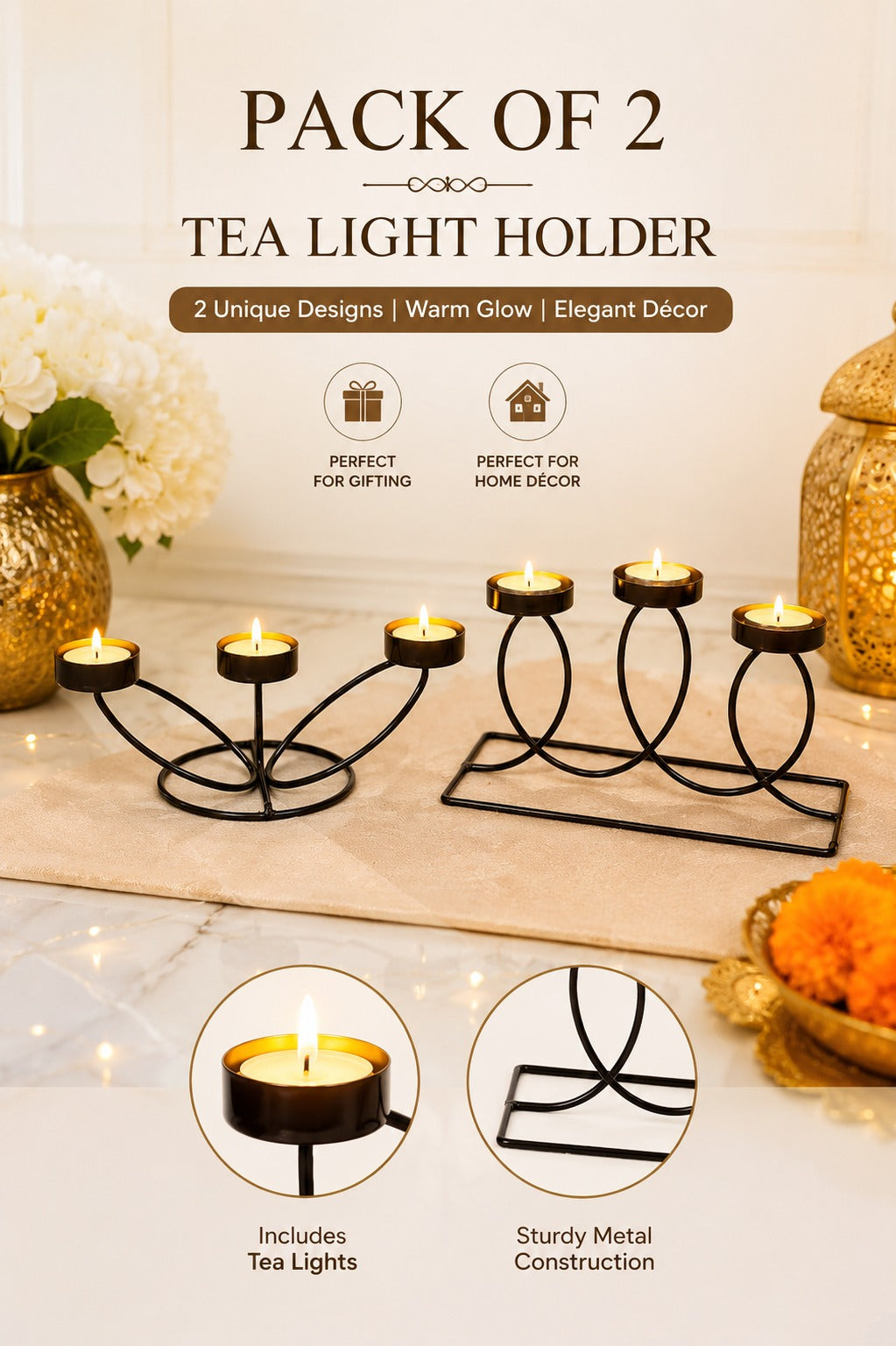 set of 2 modern metal tea light candle holder set 3 cup floral candle stand 3 cup curved loop candle holder decorative table centerpiece for living room dining table home decor festive gifting