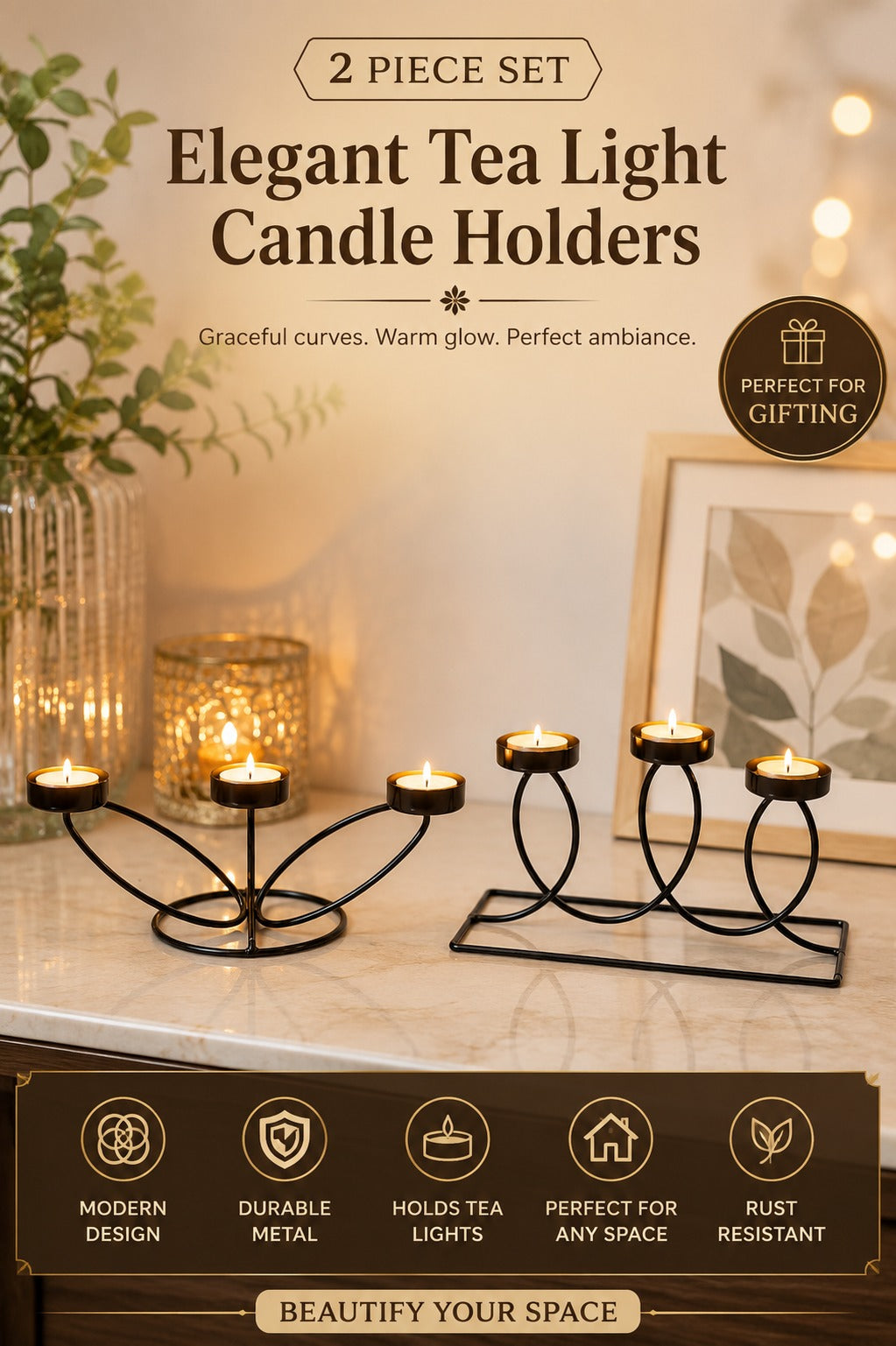 set of 2 modern metal tea light candle holder set 3 cup floral candle stand 3 cup curved loop candle holder decorative table centerpiece for living room dining table home decor festive gifting