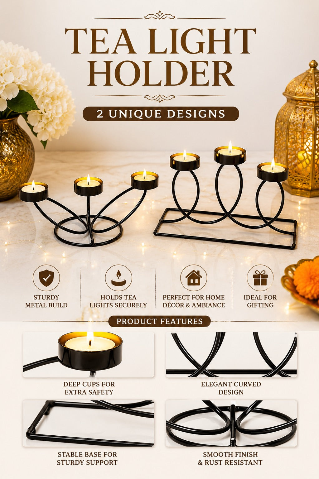set of 2 modern metal tea light candle holder set 3 cup floral candle stand 3 cup curved loop candle holder decorative table centerpiece for living room dining table home decor festive gifting