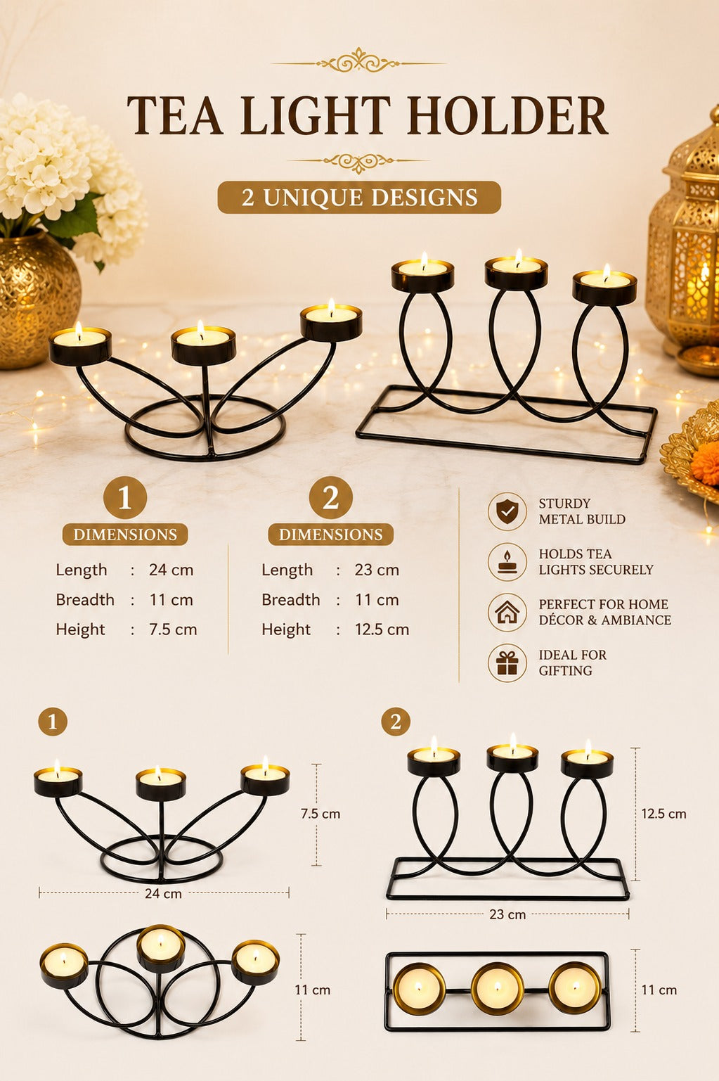 set of 2 modern metal tea light candle holder set 3 cup floral candle stand 3 cup curved loop candle holder decorative table centerpiece for living room dining table home decor festive gifting