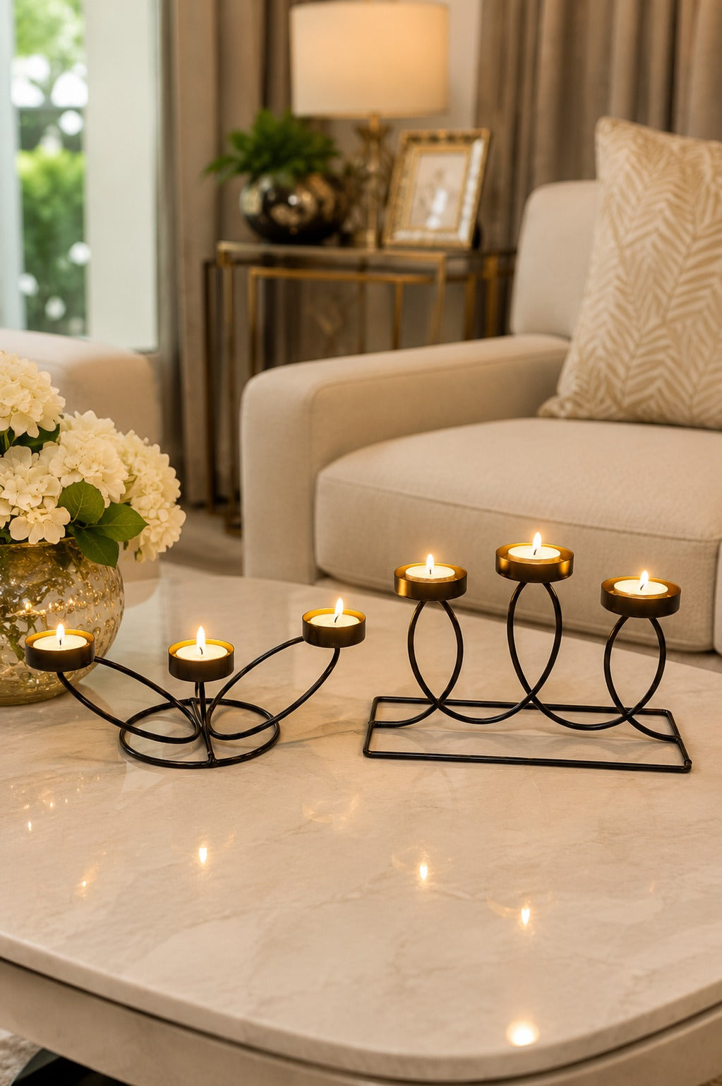 set of 2 modern metal tea light candle holder set 3 cup floral candle stand 3 cup curved loop candle holder decorative table centerpiece for living room dining table home decor festive gifting