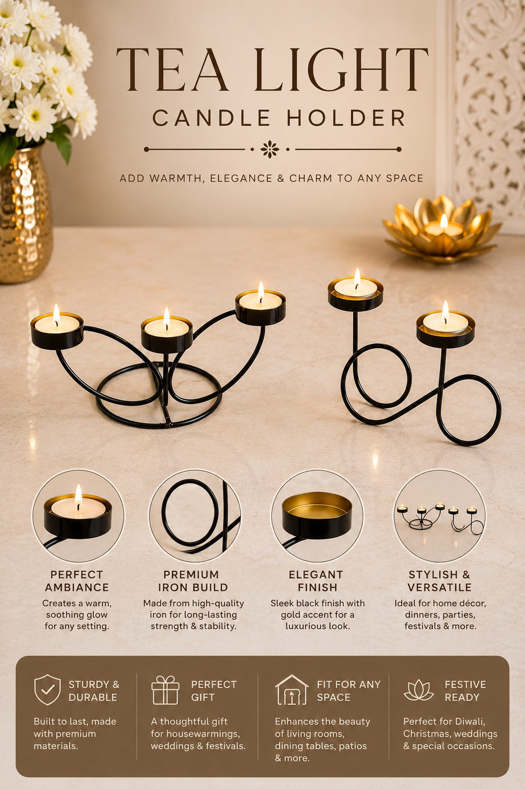 set of 2 modern metal tea light candle holder set 3 cup floral candle stand infinity double tea light holder decorative table centerpiece for home living room dining table festive decor gifting