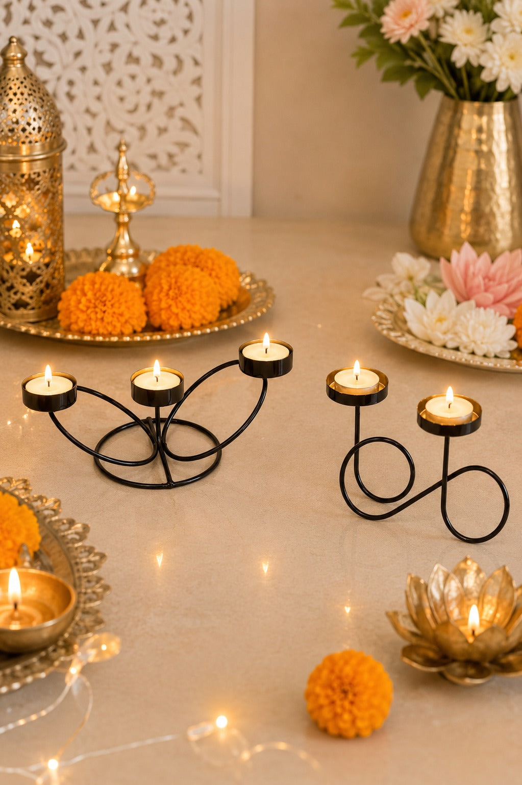set of 2 modern metal tea light candle holder set 3 cup floral candle stand infinity double tea light holder decorative table centerpiece for home living room dining table festive decor gifting