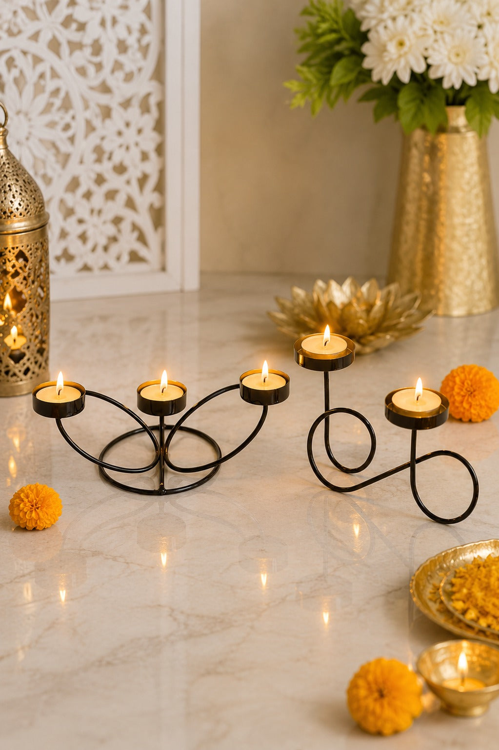 set of 2 modern metal tea light candle holder set 3 cup floral candle stand infinity double tea light holder decorative table centerpiece for home living room dining table festive decor gifting